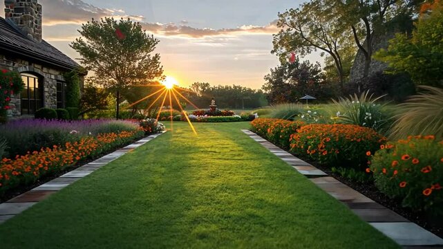 Sunrise over a landscaped estate garden footage