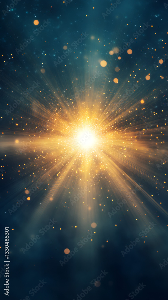 Poster luminous golden light bursting through dark blue starry cosmos, sparkling with glittering particles 