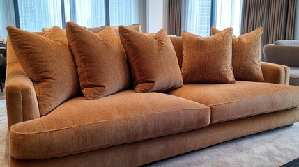 Modern brown sofa with plush cushions in a stylish living room