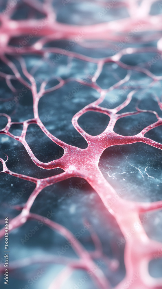 Poster microscopic view of neural network showing interconnected neurons transmitting signals in nervous sy