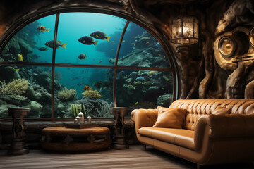 Retro submarine exploration reveals marine life with fish in underwater environment