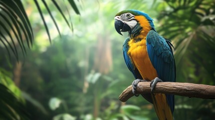 Blue and Gold Macaw Perched on Branch in Lush Tropical Setting