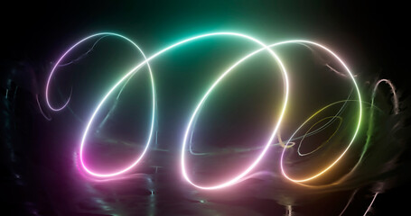 3D rendering, abstract panoramic background with neon light. Laser show, pulses, equalizer, spectrum and energy pulsating lines.