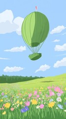 Naklejka premium A green hot air balloon floats above colorful flower field