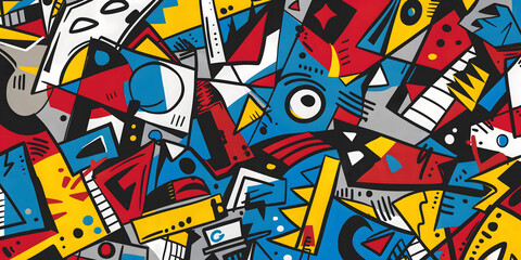 Dynamic memphis-style background with bold geometric shapes, vibrant colors, and energetic patterns, ideal for modern designs, creative branding, digital projects, or decorative art applications