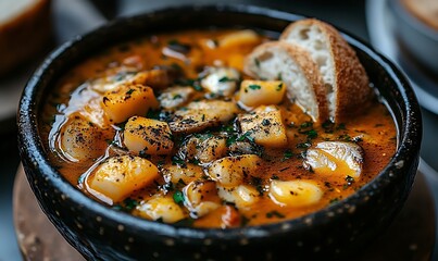 Hearty Stew In Dark Bowl With Bread