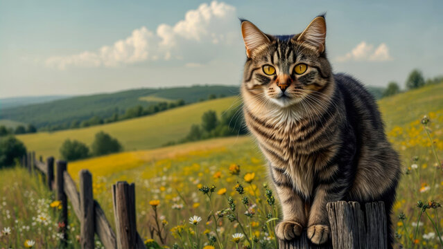 Cat perched on a wooden fence surrounded by vibrant wildflowers in a sunlit meadow during late afternoon