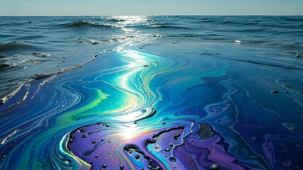 Colorful iridescent patterns reflect sunlight on the surface of a beach during a calm day by the sea, showcasing the beauty of nature and water