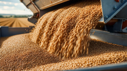 Golden wheat being harvested from a combine harvester in a vast agricultural field during sunny weather