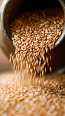 Sesame seeds pour out of a vintage container onto a wooden surface, capturing the essence of natural ingredients in a rustic setting