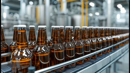 Bottling process in a brewery showcasing rows of amber bottles on a conveyor belt illuminated by industrial lighting
