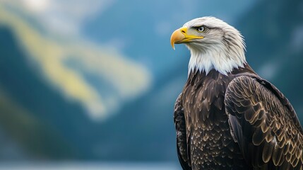 Obraz premium Majestic Bald Eagle Portrait on Mountain Backdrop Symbol of Freedom