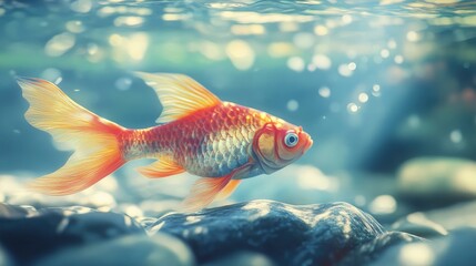 Goldfish Swimming Underwater with Sunlight Beams Shining Through the Water