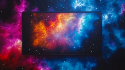 Obraz premium A screen displays a vibrant cosmic nebula scene