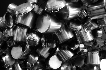 Rack with different steel cooking pots, saucepans and frying pans. Kitchen utensils grayscale background  

