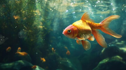 Goldfish Swimming in Aquarium with Aquatic Plants and Bubbles