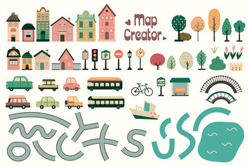City map constructor. Set of various buildings, transport, plants and tree. Vector art.
