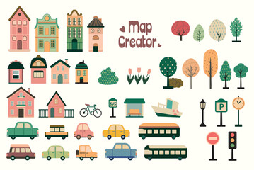 City map constructor. Set of various buildings, transport, plants and tree. Vector art.