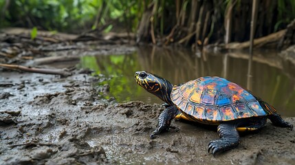 Obraz premium Colorful turtle on muddy riverbank near water.
