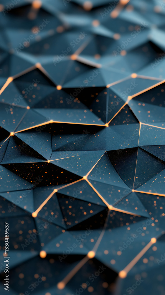 Aufkleber Complex structure of interconnected triangles forming a dark polygonal surface with glowing dots, creating a futuristic network