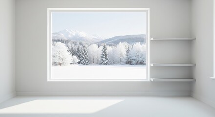 Serene winter landscape viewed through minimalist room window. AI Generated
