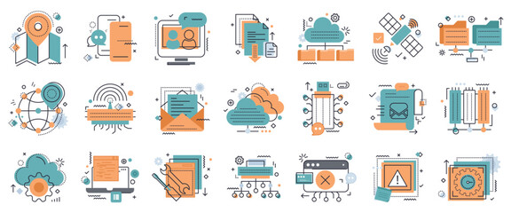 Business and marketing, programming, data management, internet connection, social network, computing, information. Thin line blue orange icons set. Flat vector illustration