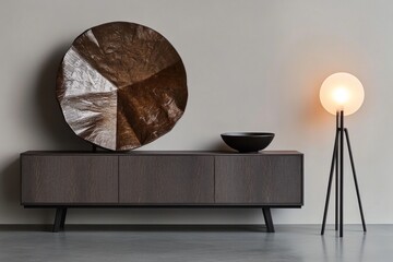 Modern minimalist living room with dark wood sideboard, decorative wall art, bowl, and floor lamp.