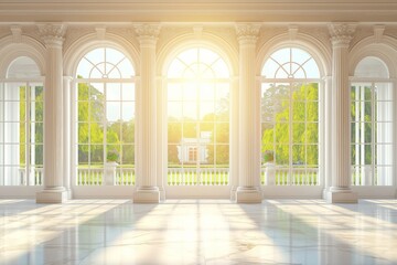 Sunlight illuminates white grand hall through large windows in palace or castle, surrounded by lush greenery