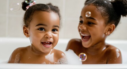 African young girls enjoying bath time with bubbles in tub