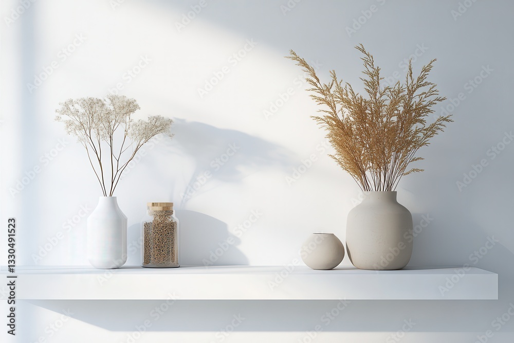 Poster elegant display of dried flowers and decorative vases on a minimalist shelf in a sunlit room