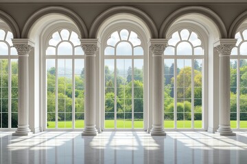 White grand hall with large windows in palace or castle, surrounded by lush greenery