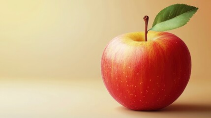 Fresh Red Apple Still Life with Stem and Leaf Against Warm Background