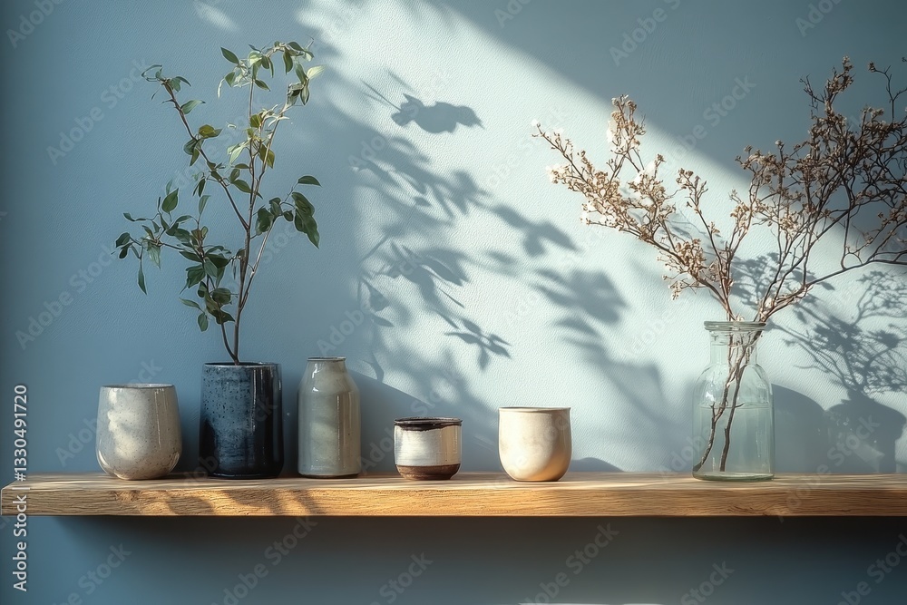 Poster elegant display of dried flowers and decorative vases on a minimalist shelf in a sunlit room