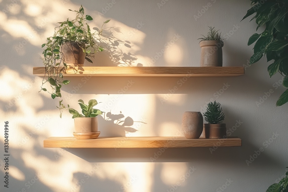 Poster elegant display of dried flowers and decorative vases on a minimalist shelf in a sunlit room