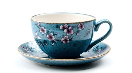 Ceramic blue cup on saucer with floral ornament