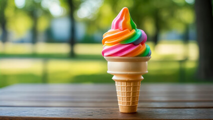 Colorful soft serve ice cream cone sitting on a wooden table in a park on a sunny day, surrounded by lush greenery and a sense of leisure