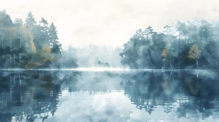 A serene watercolor scene of a misty lake surrounded by forest, nature background