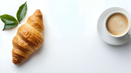 Coffee cup and fresh croissant creative layout