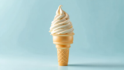 Creamy soft serve ice cream cone topped with swirl of vanilla flavor on a light blue background perfect for a warm day