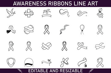 Editable Awareness Ribbon Line Art Vector Graphics Collection