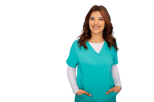 Young female doctor smiling with hands in pockets on transparent background