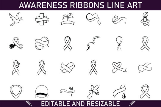 Editable Awareness Ribbon Line Art Vector Graphics Collection