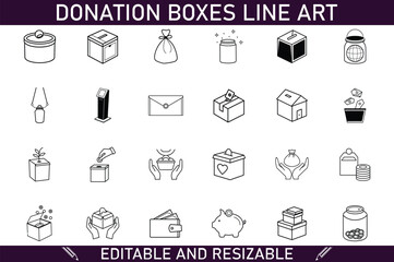 Donation Box Line Art Icons Editable, Resizable Charity Graphics