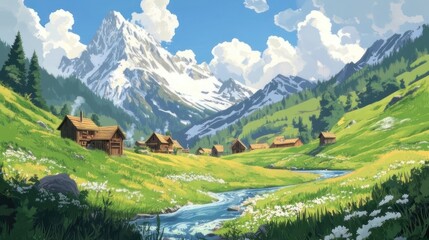 Fototapeta premium Alpine village nestled in a valley, lush green meadows, snow-capped mountains