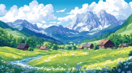 Obraz premium Picturesque alpine valley with a charming village nestled amidst rolling hills, lush green meadows, and snow-capped mountains. A clear blue sky and fluffy clouds complete the idyllic scene