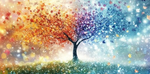 A colorful artistic tree represents the changing of the seasons