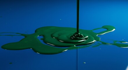 Dark green liquid gracefully flows onto a vibrant blue surface creating swirling patterns. AI Generated