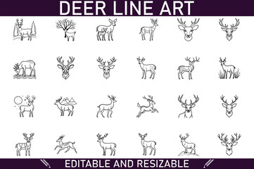 Editable Resizable Deer Line Art Icons Wildlife Forest Animals