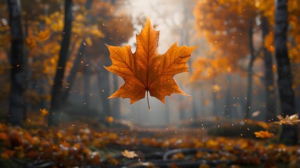 A single maple leaf falls in a golden forest, capturing the beauty and tranquility of autumn