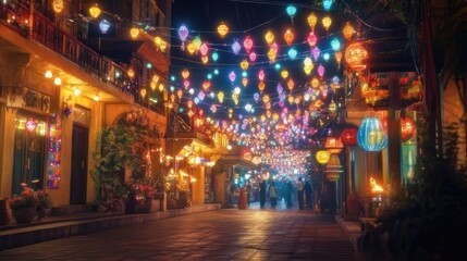 Obraz premium Colorful lantern-lit street at night. Vibrant, festive atmosphere with Asian-inspired decorations